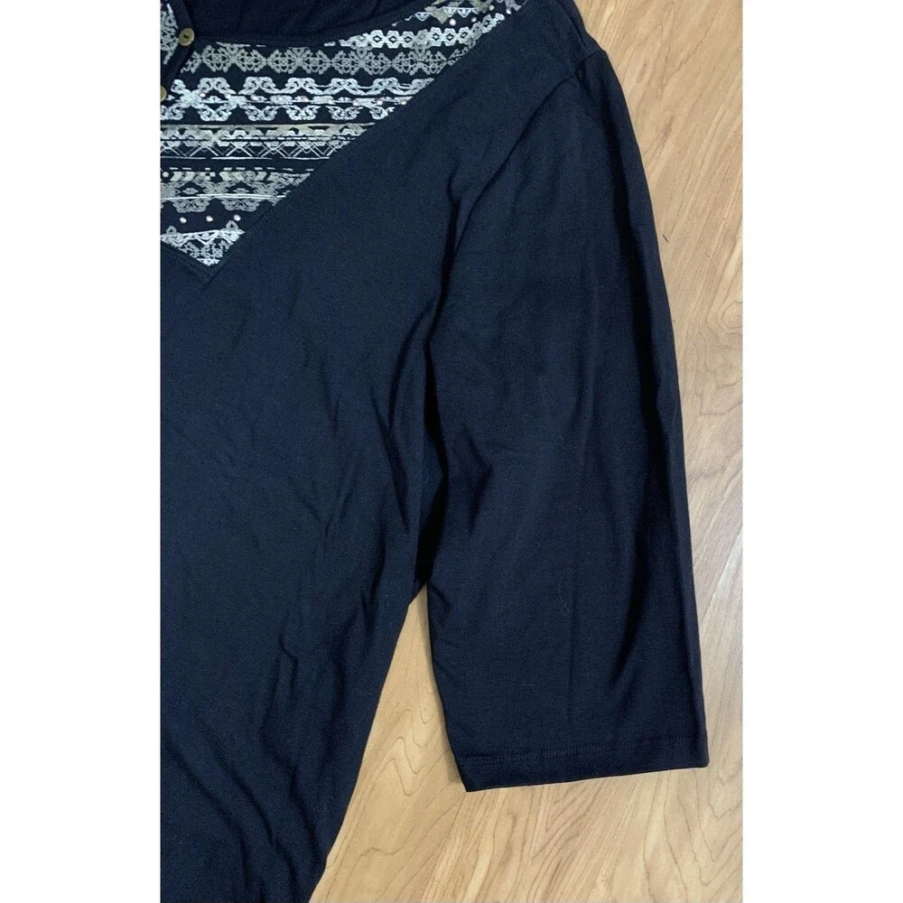 Catherine’s Knit Top 1X Black 3/4 Sleeve Embellished V-Neck Tunic